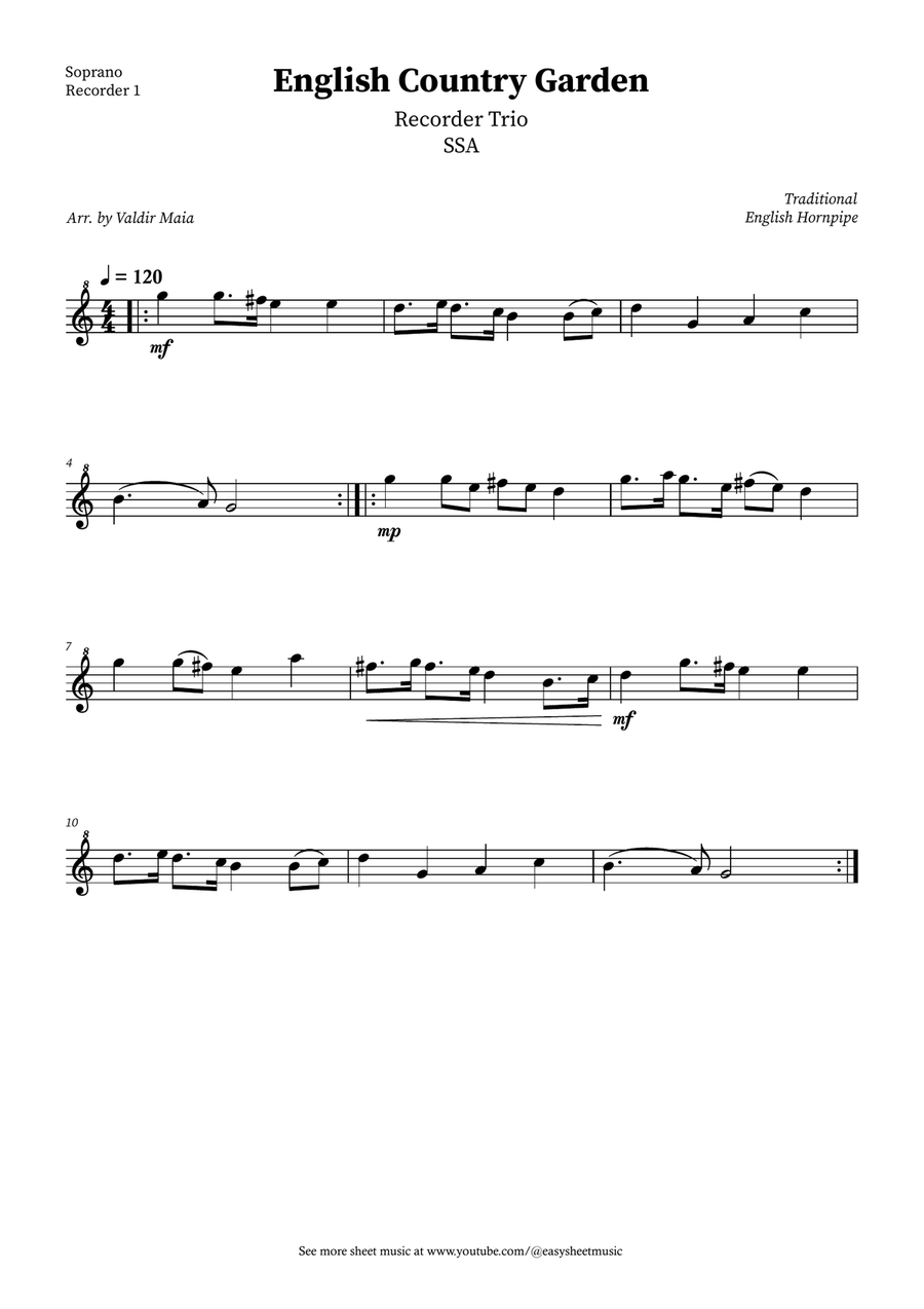 English Country Garden – Recorder Trio Sheet Music (2 Soprano Recorders, 1 Alto + Optional Piano) Soprano Recorder scores gallery preview page 3