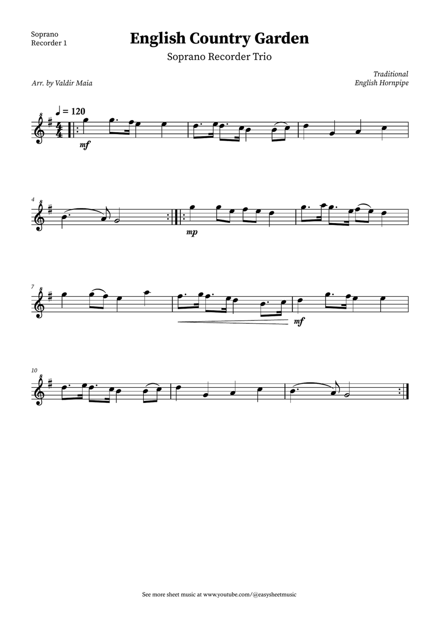 English Country Garden – Soprano Recorder Trio Sheet Music (with Optional Piano) Soprano Recorder scores gallery preview page 3