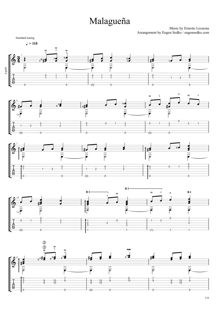 Malaguena Guitar Tablature scores gallery preview page 1