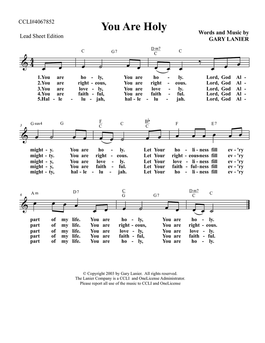 YOU ARE HOLY, Worship Lead Sheet (Includes Melody, Lyrics & Guitar Chords. Key of C & D) Easy Guitar scores gallery preview page 2
