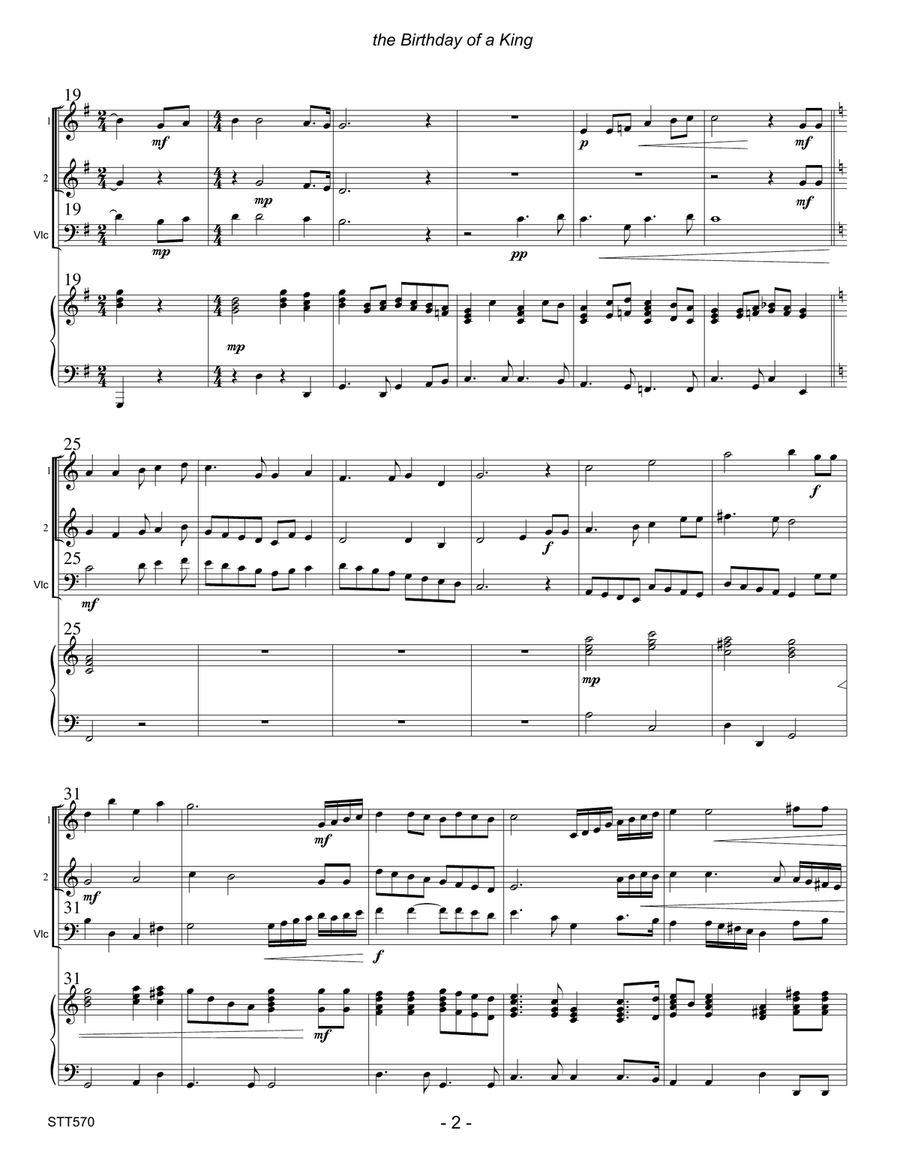 THE BIRTHDAY OF A KING - STRING TRIO (2 Violins & Cello) with Piano accompaniment String Trio scores gallery preview page 2