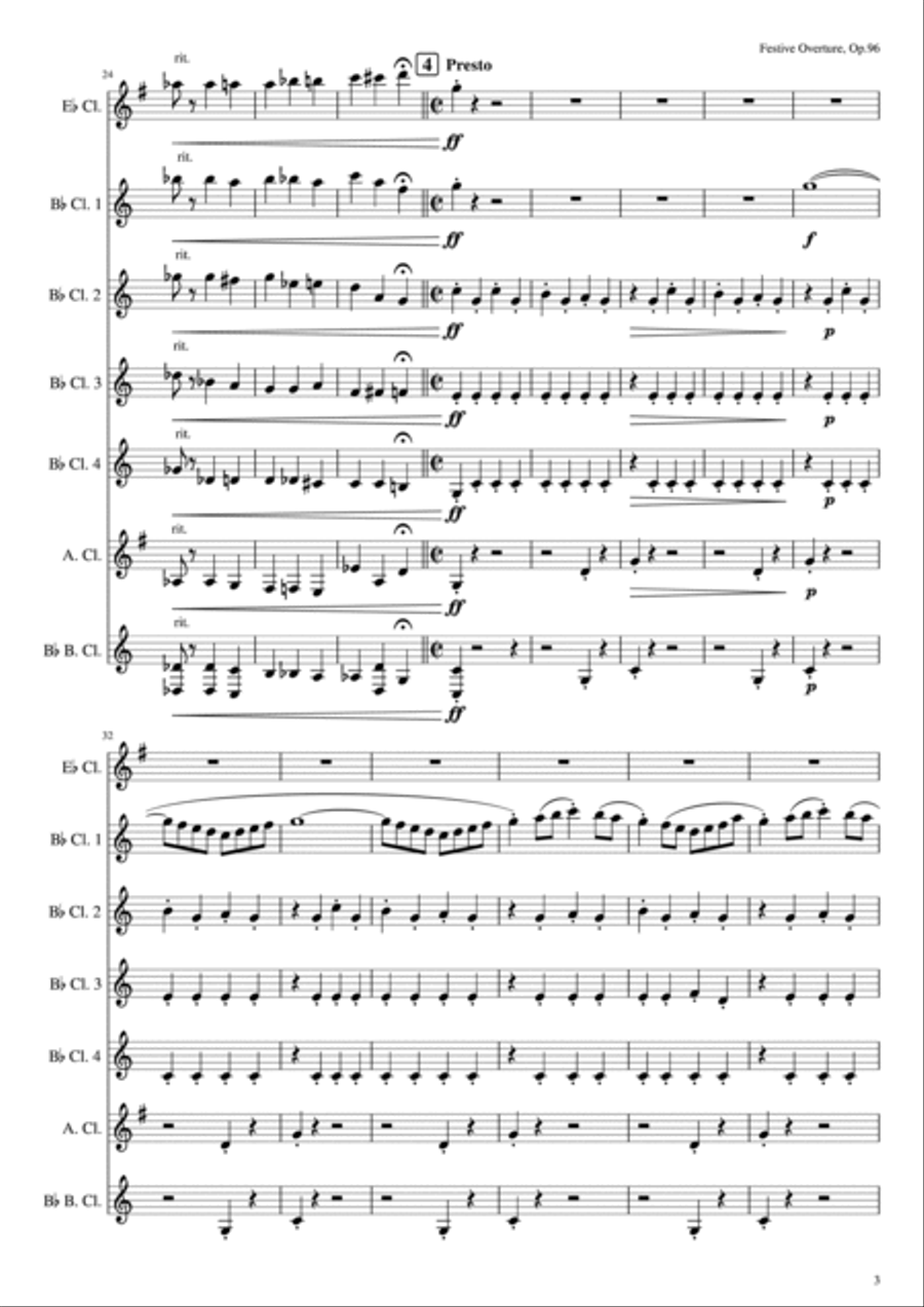 Festive Overture, Op. 96 for Clarinet Choir Clarinet Choir scores gallery preview page 3