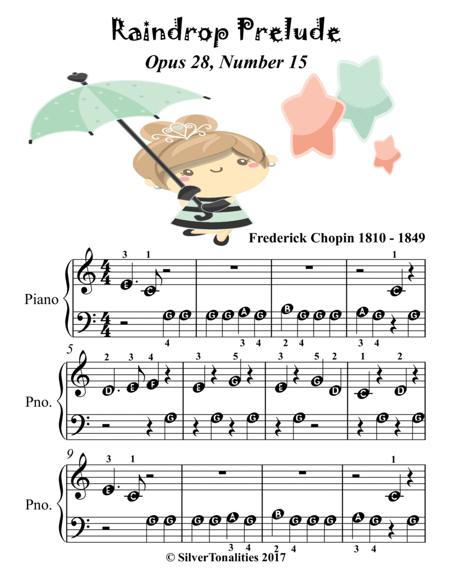 Raindrop Prelude Opus 28 Number 15 Beginner Piano Sheet Music with Colored Notes Piano Method scores gallery preview page 1