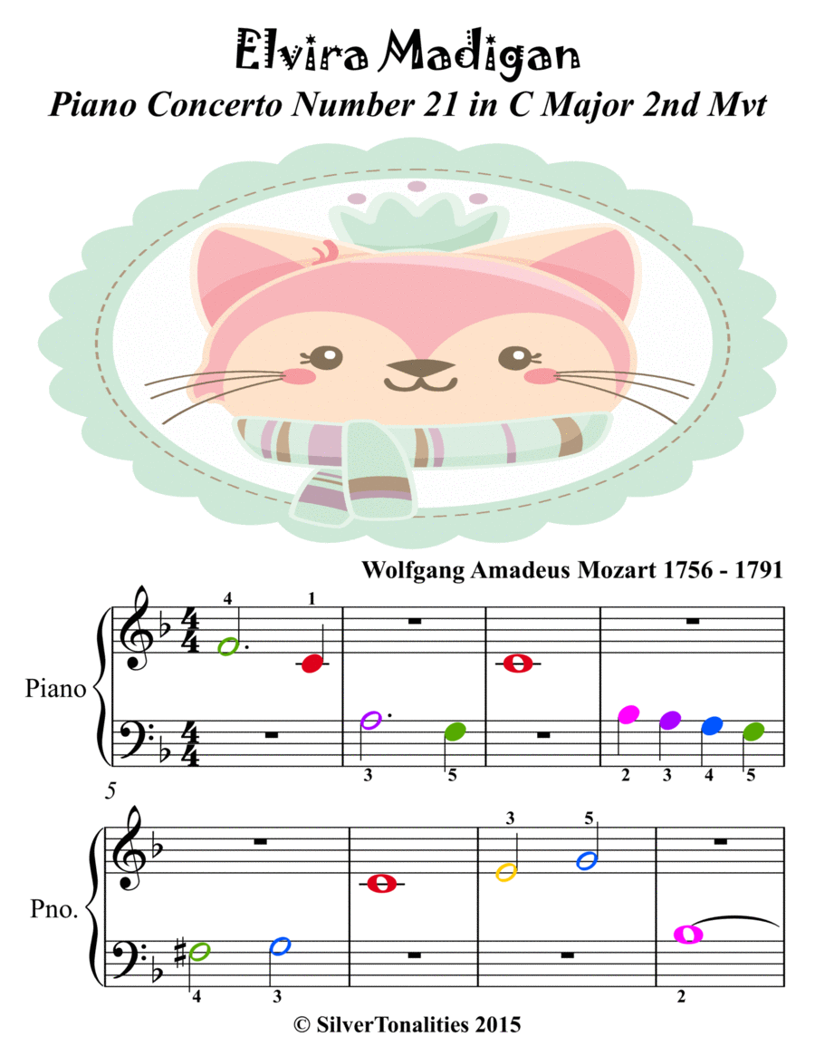 Piano Concerto K467 Elvira Madigan Beginner Piano Sheet Music with Colored Notes Piano Method scores gallery preview page 1