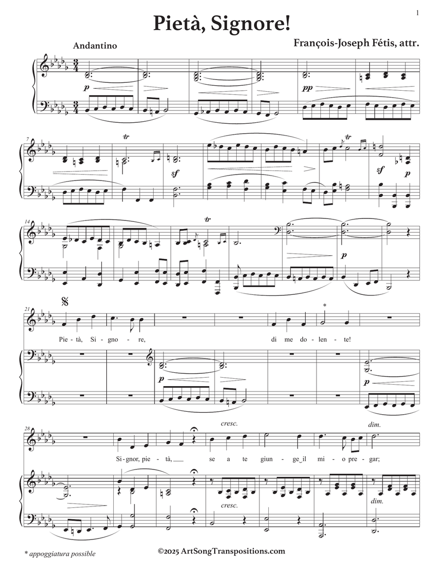 FÉTIS: Pietà, Signore! (transposed to B-flat minor) Piano, Vocal scores gallery preview page 2