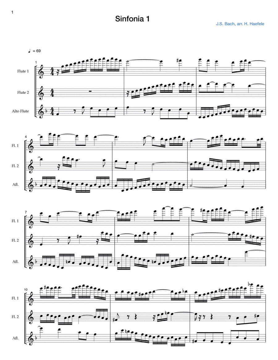 Sinfonia 1 by J.S. Bach for 2 Flutes and Alto Flute Woodwind Trio scores gallery preview page 1