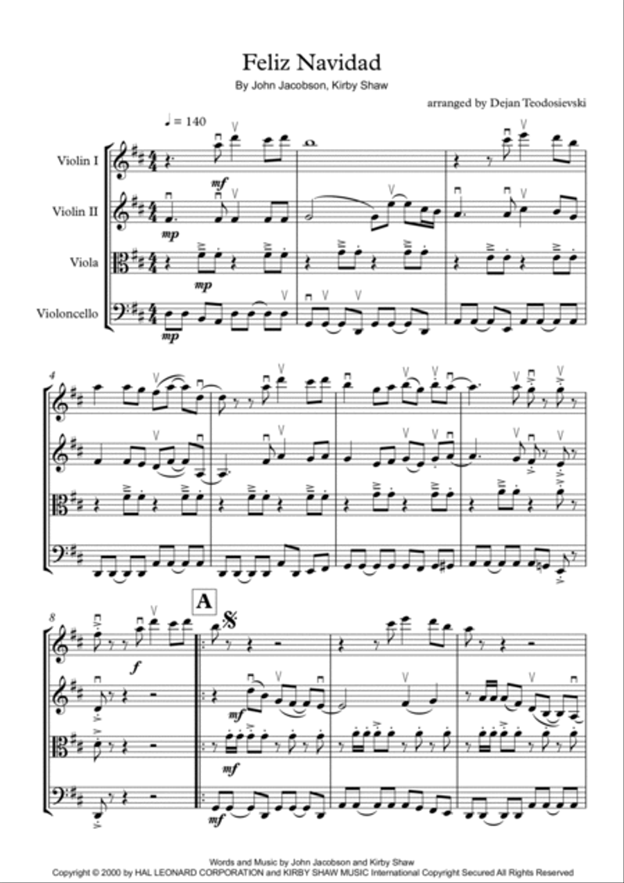 Feliz Navidad String Quartet scores gallery preview page 2