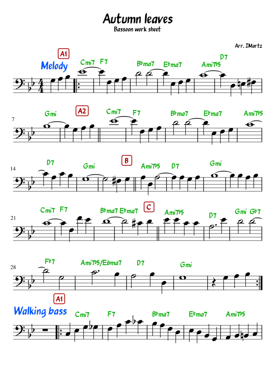 Autumn Leaves Working Sheet Bassoon/Cello/Trombone Bassoon Solo scores gallery preview page 1