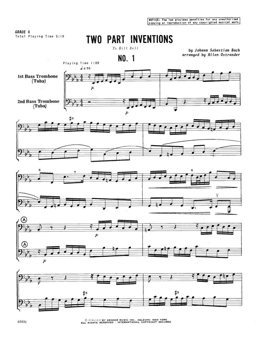 Two Part Inventions No. 1, 3, 12, 15 (arr. Allen Ostrander) Trombone scores gallery preview page 1