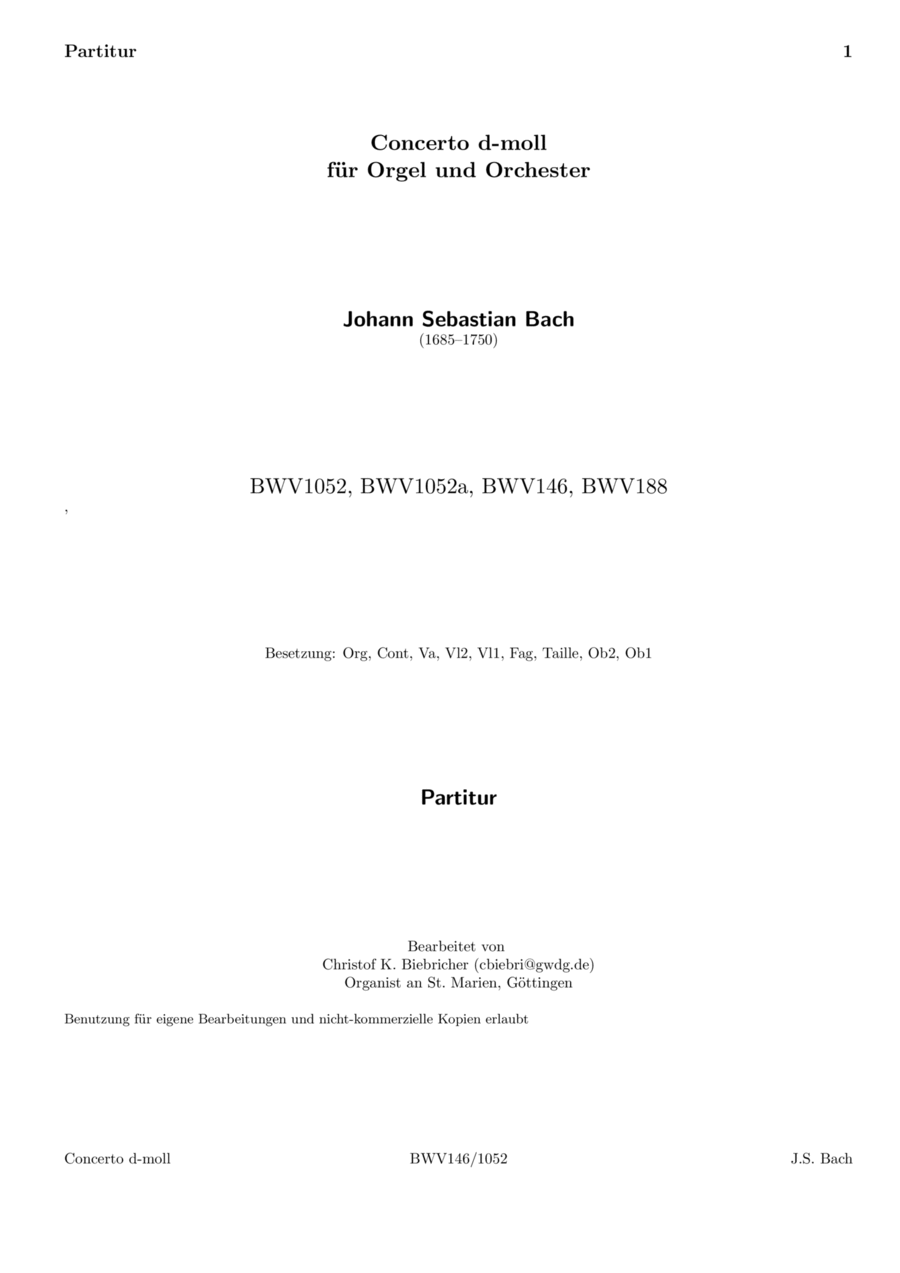 Bach Harpsichord Concerto no. 1 in D minor, BWV 1052 Full Orchestra scores gallery preview page 1