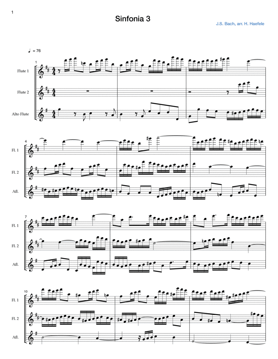 Sinfonia 3 by J.S. Bach for 2 Flutes and Alto Flute Flute Trio scores gallery preview page 1