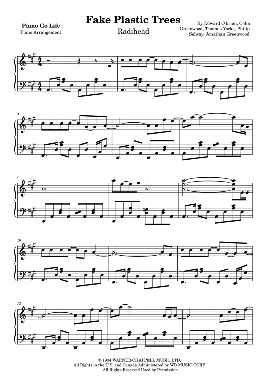 Fake Plastic Trees Piano Solo scores gallery preview page 1