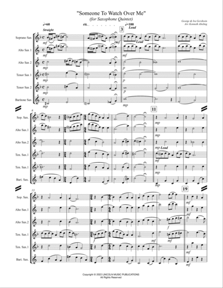 Someone to Watch Over Me (for Saxophone Quintet SATTB or AATTB) SATTB scores gallery preview page 2