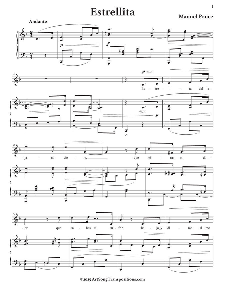 PONCE: Estrellita (transposed to F major) Piano, Vocal scores gallery preview page 2