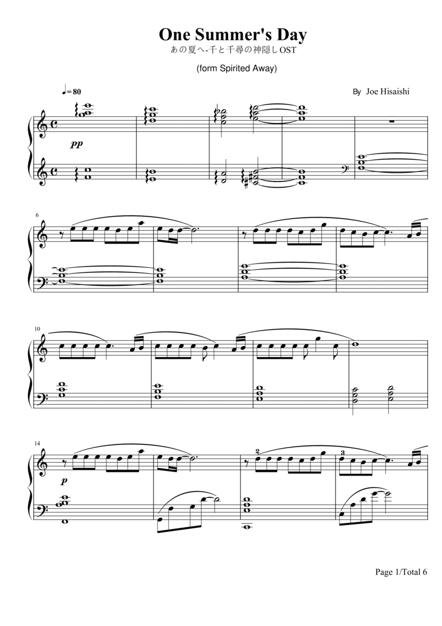 One Summer's Day(form Spirited Away) Piano Solo Sheet Piano Solo scores gallery preview page 1