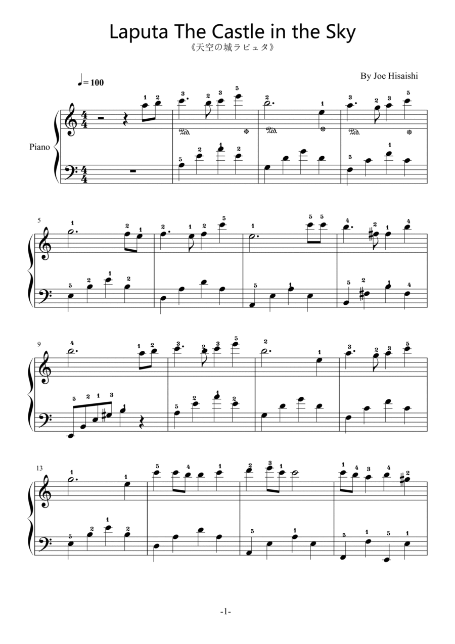 Laputa The Castle in the Sky，Joe Hisaishi，Easy Piano,with Fingering Easy Piano scores gallery preview page 1