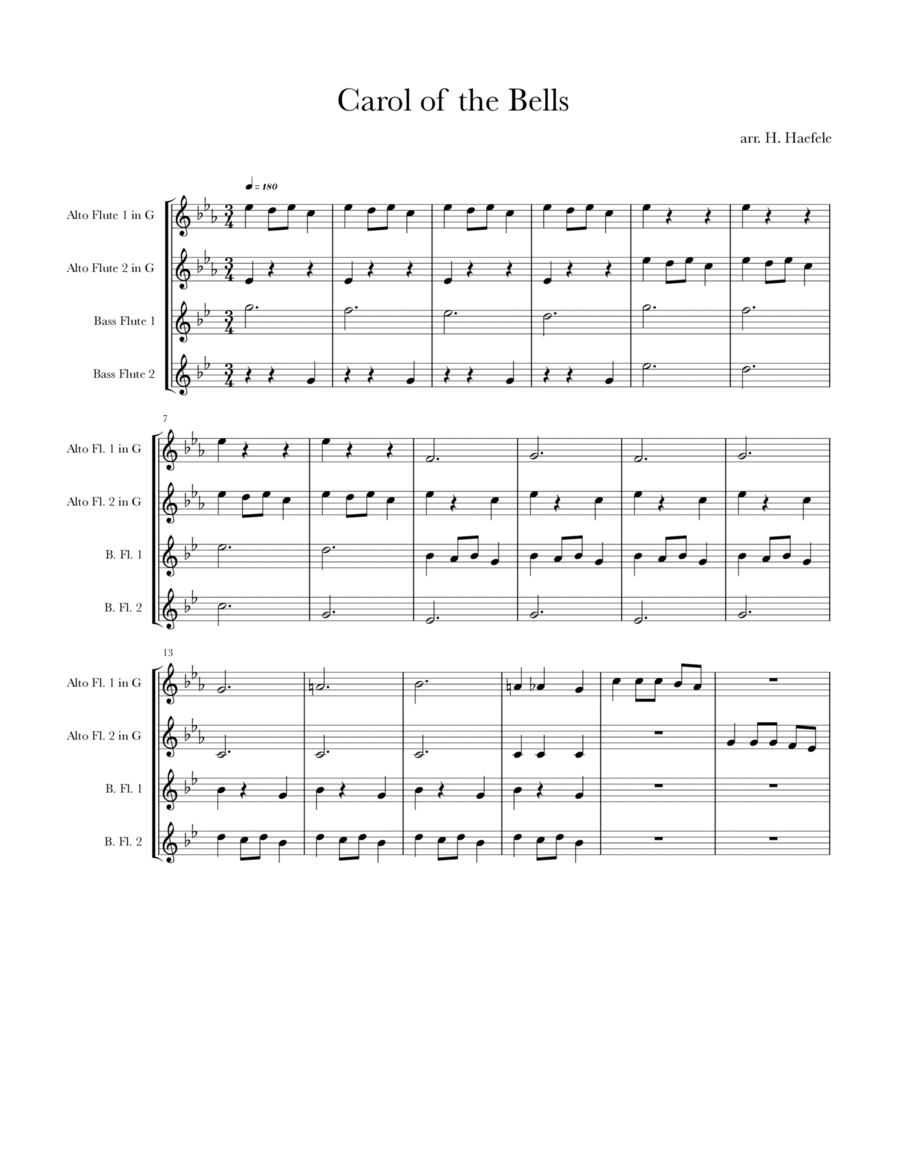 Carol of the Bells for Low Flutes Quartet Flute Quartet scores gallery preview page 1