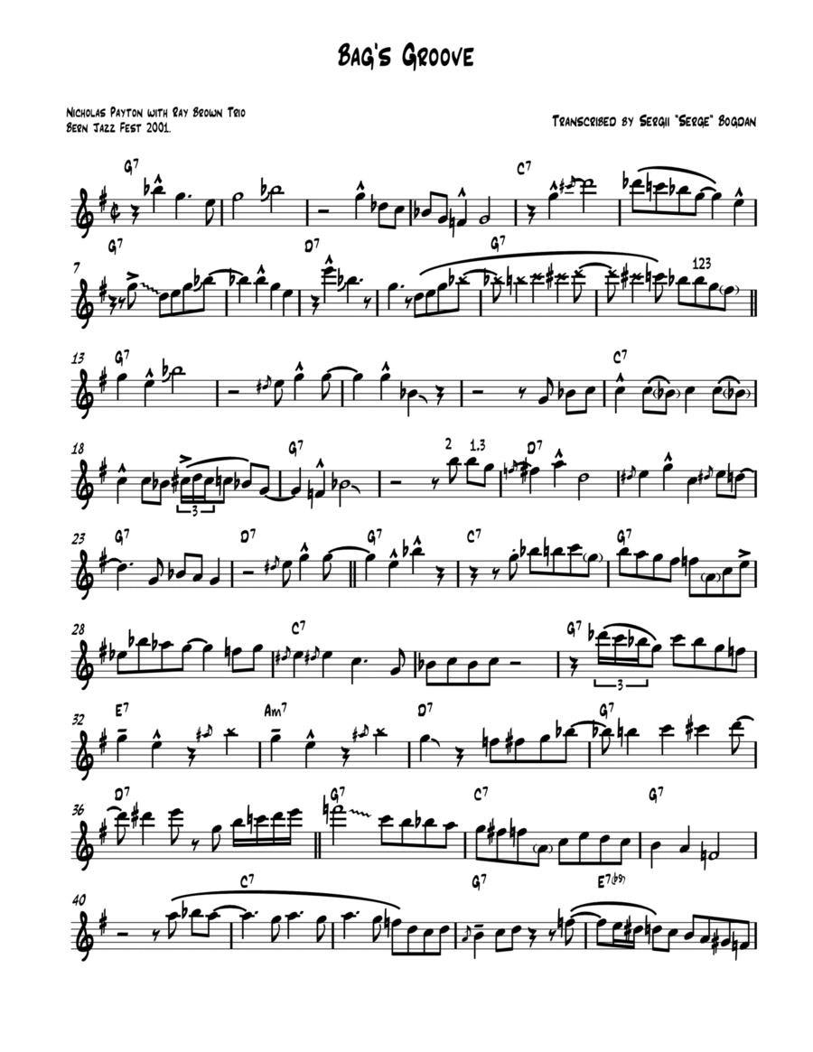 Bag's Groove Trumpet Solo Transcription (Nicholas Payton-Solo-Bb-Instr) Trumpet PDF B-Flat Trumpet scores gallery preview page 1
