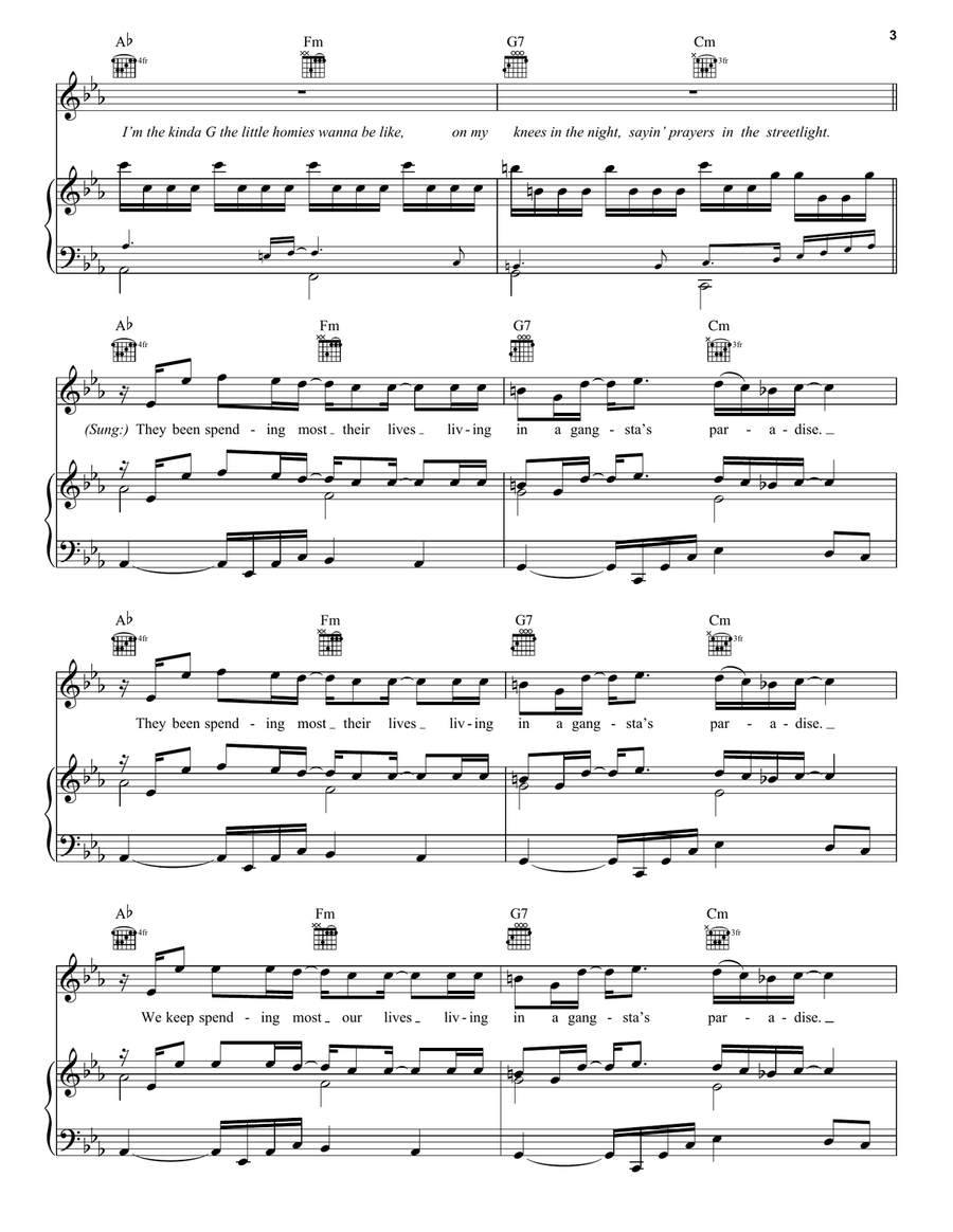 Gangsta's Paradise (feat. L.V.) Piano, Vocal, Guitar scores gallery preview page 3