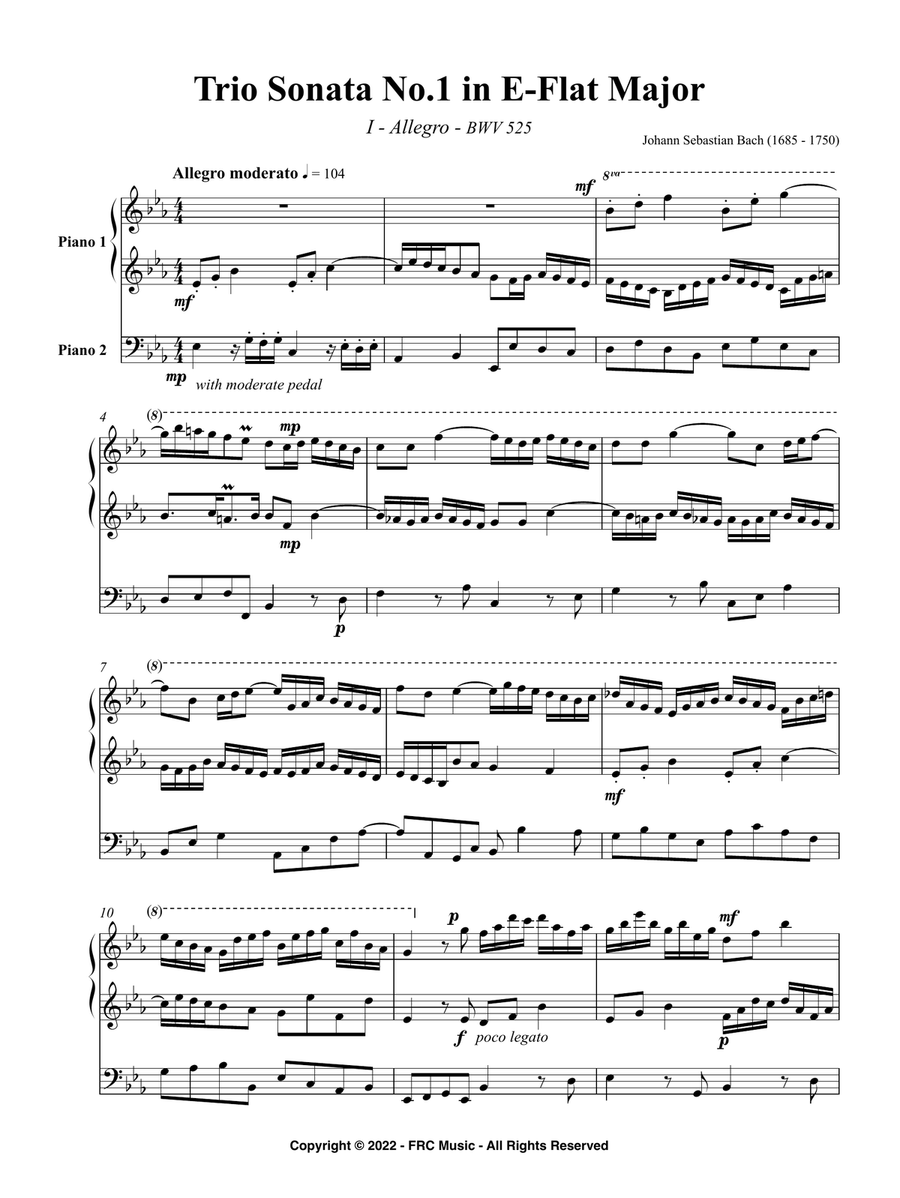 J.S. Bach: Trio Sonata No. 1 in E-Flat Major, BWV 525 - I. (Allegro moderato) Piano Duet scores gallery preview page 3