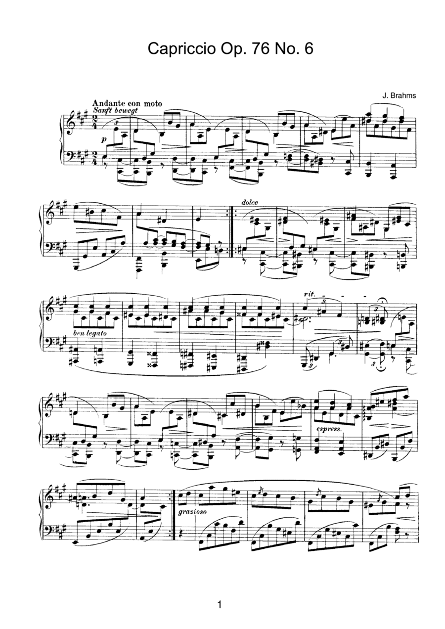 Brahms Intermezzo Op. 76 No. 6 in A Major Piano Solo scores gallery preview page 1