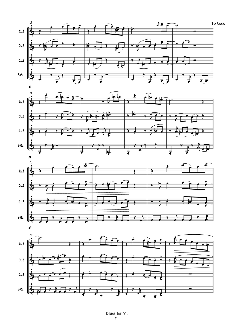 Blues for M. (clarinet quartet) Clarinet Quartet scores gallery preview page 4