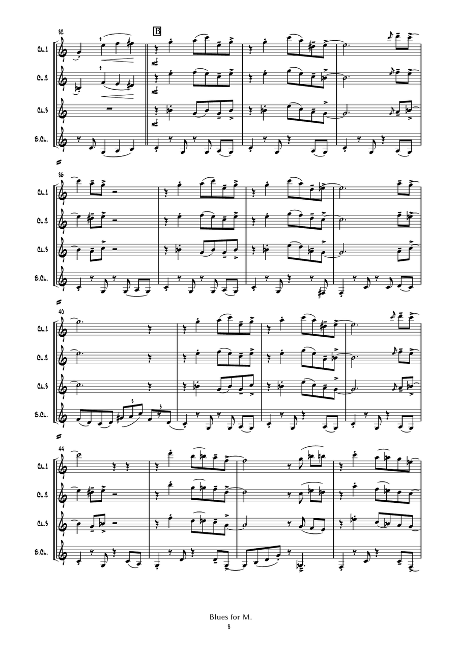 Blues for M. (clarinet quartet) Clarinet Quartet scores gallery preview page 5