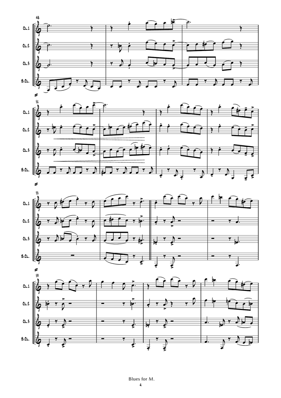 Blues for M. (clarinet quartet) Clarinet Quartet scores gallery preview page 6