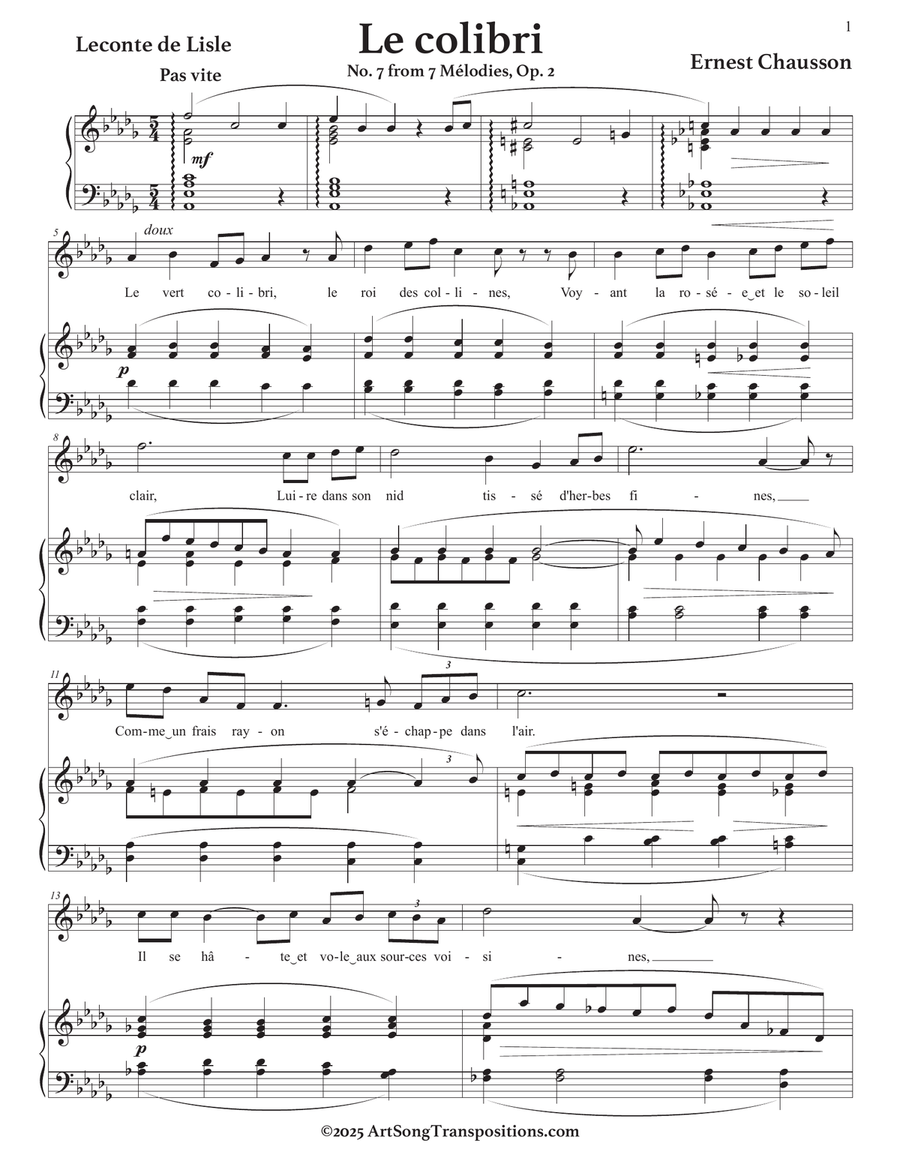 CHAUSSON: Le colibri, Op. 2 no. 7 (transposed to D-flat major) Piano, Vocal scores gallery preview page 2