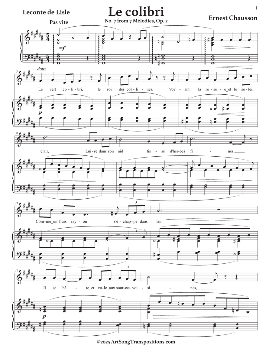 CHAUSSON: Le colibri, Op. 2 no. 7 (transposed to B major) Piano, Vocal scores gallery preview page 2