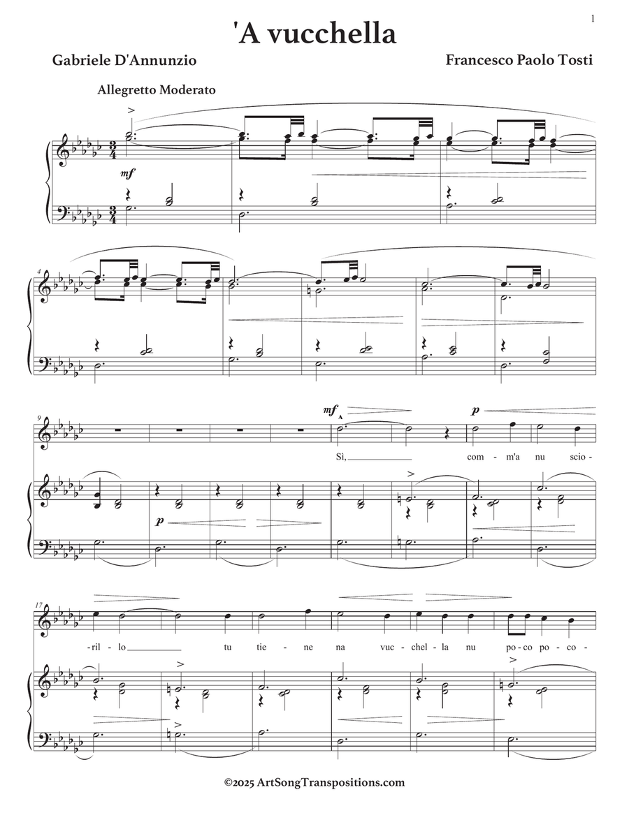 TOSTI: 'A vucchella (transposed to G-flat major) Piano, Vocal scores gallery preview page 2
