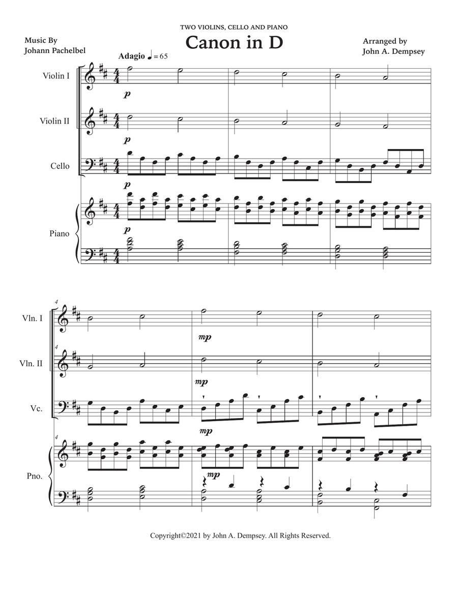 Canon in D (Piano Quartet): Two Violins, Cello and Piano Piano Quartet scores gallery preview page 5
