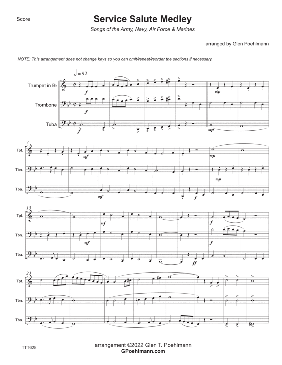 SERVICE SALUTE (themes from the Army, Navy, Air Force & Marines) - Trumpet, Trombone & Tuba Trombone scores gallery preview page 1