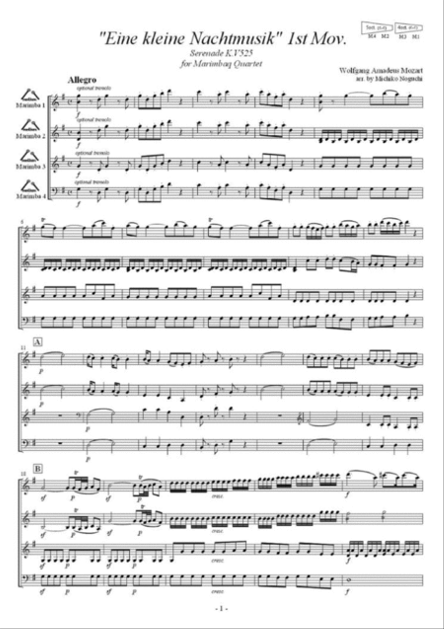 Eine kleine Nachtmusik 1st Mov. for 2 Marimbas Quartet Marimba scores gallery preview page 2