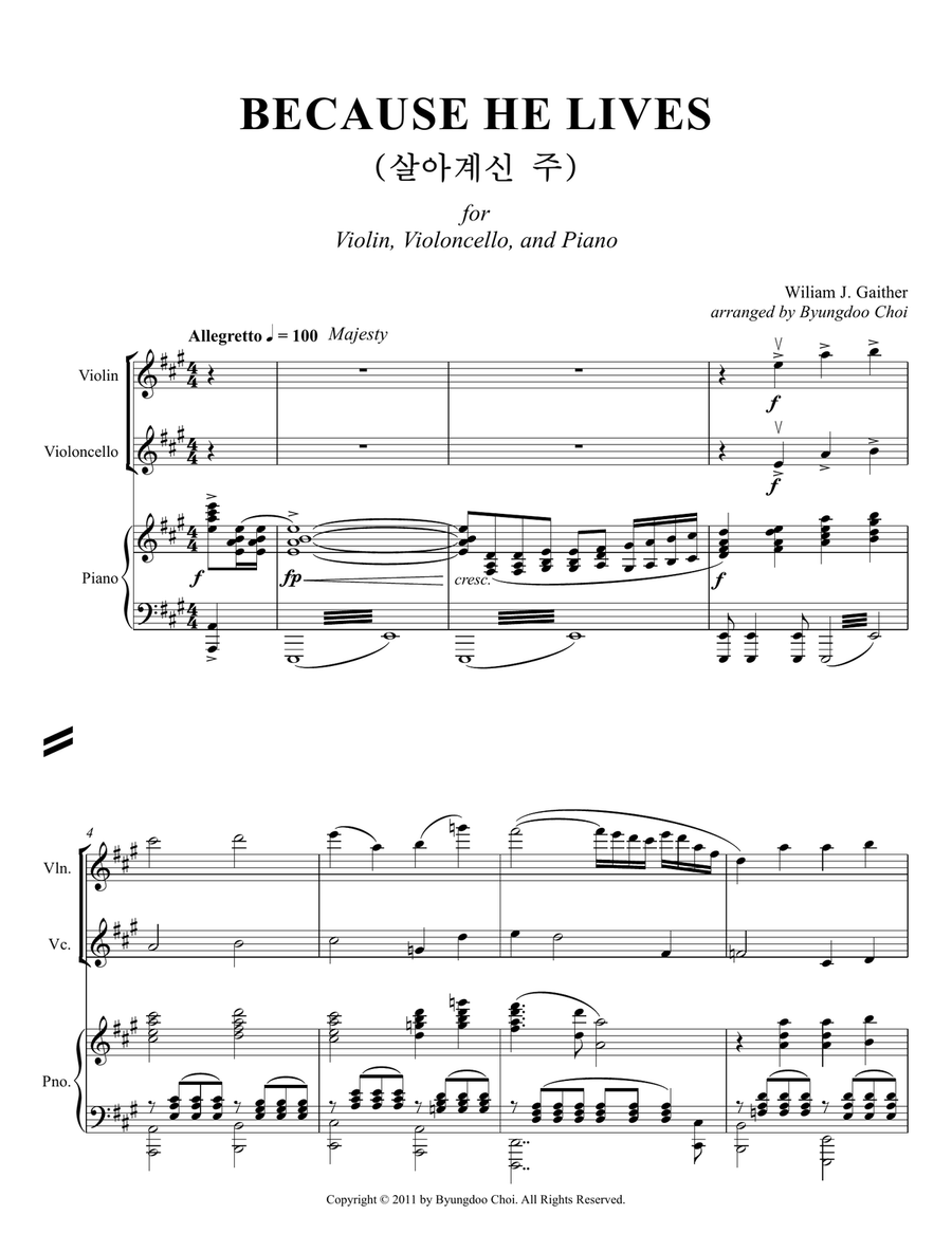 Because He Lives for Violin, Violoncello, and Piano Piano Trio scores gallery preview page 2