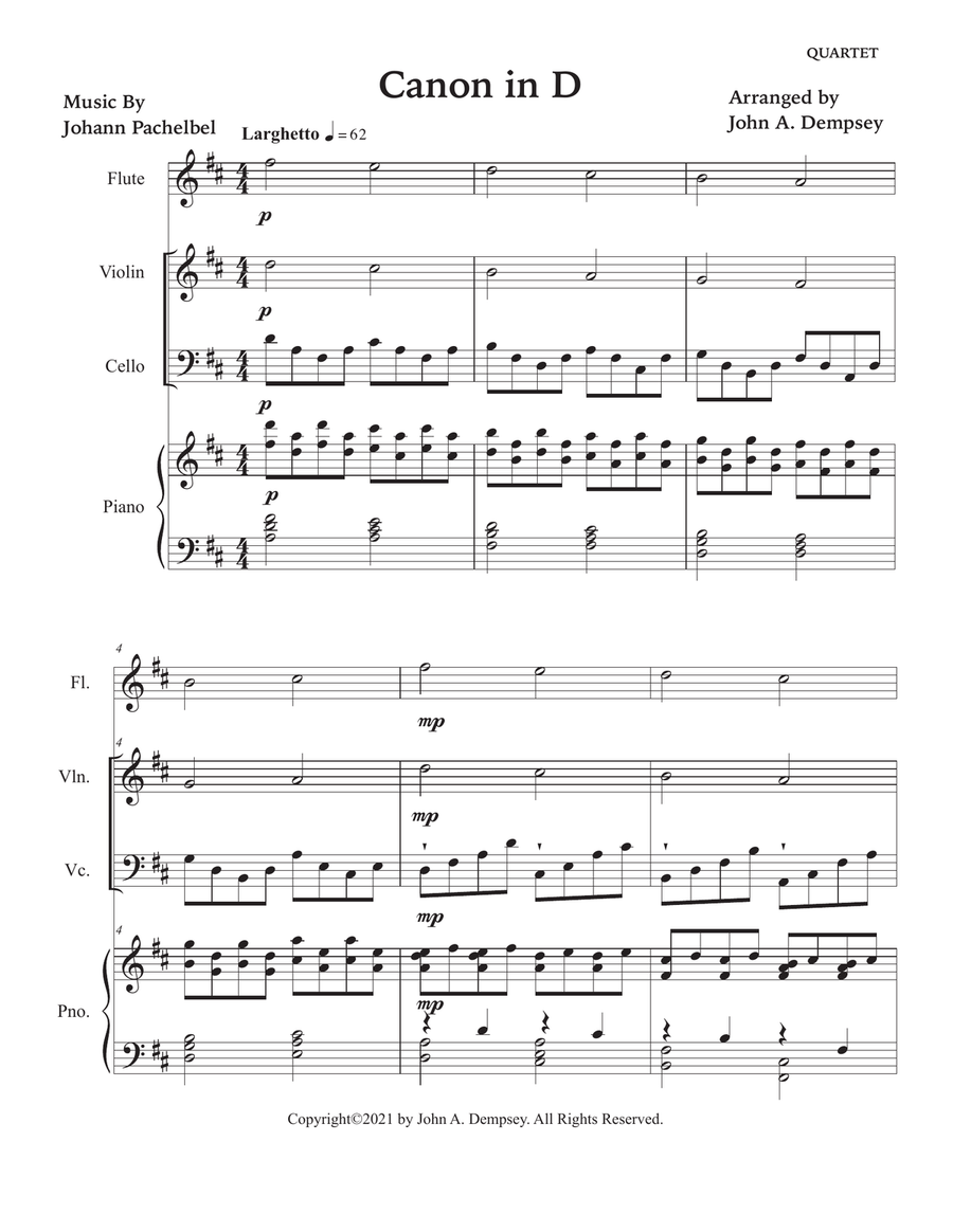 Canon in D (Quartet for Flute, Violin, Cello and Piano) Small Ensemble scores gallery preview page 5