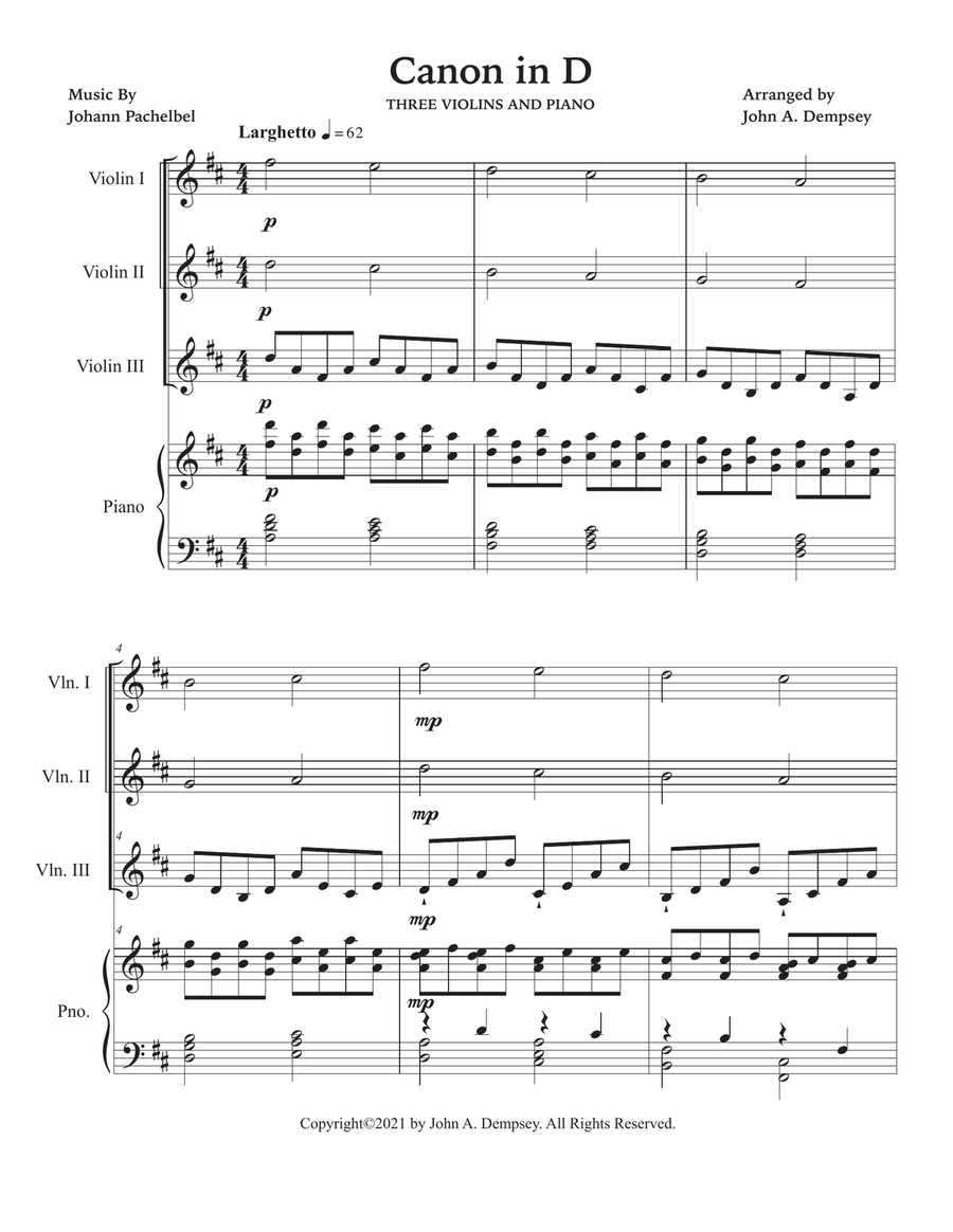 Canon in D (Quartet for Three Violins and Piano) Piano Quartet scores gallery preview page 5