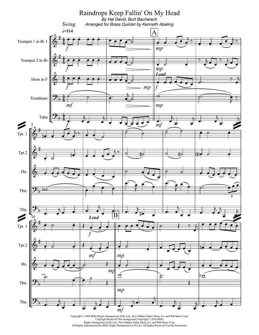 Raindrops Keep Fallin' On My Head Brass Ensemble scores gallery preview page 2