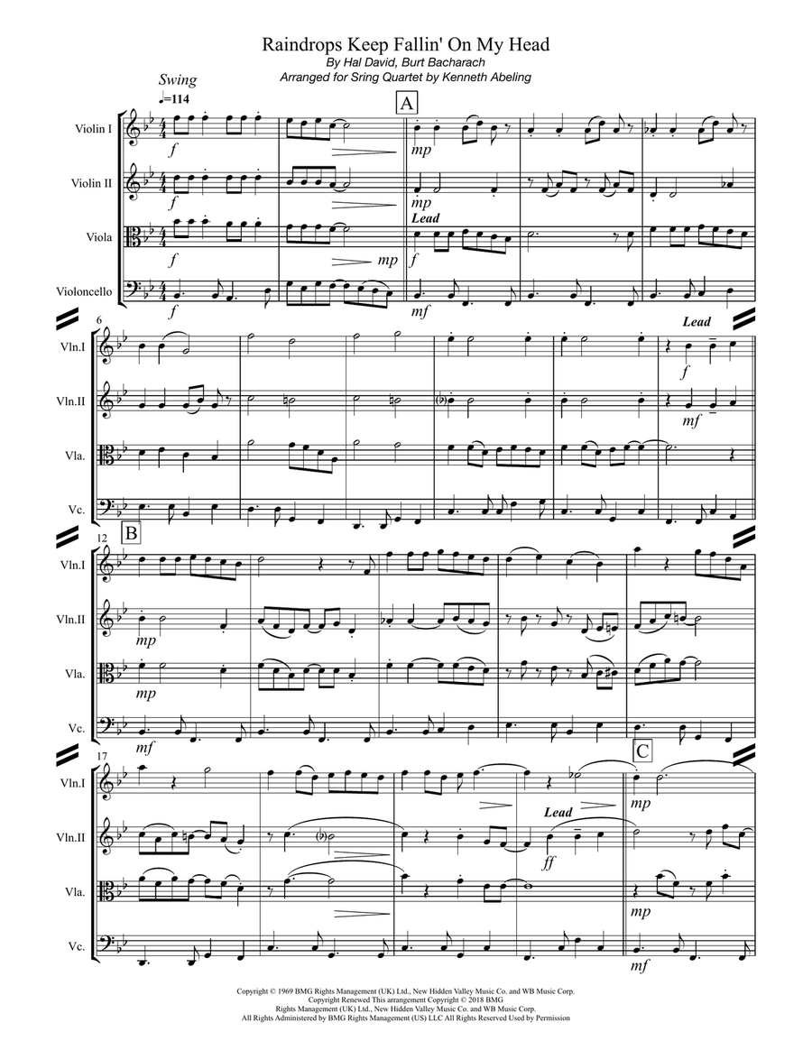 Raindrops Keep Fallin' On My Head String Quartet scores gallery preview page 2