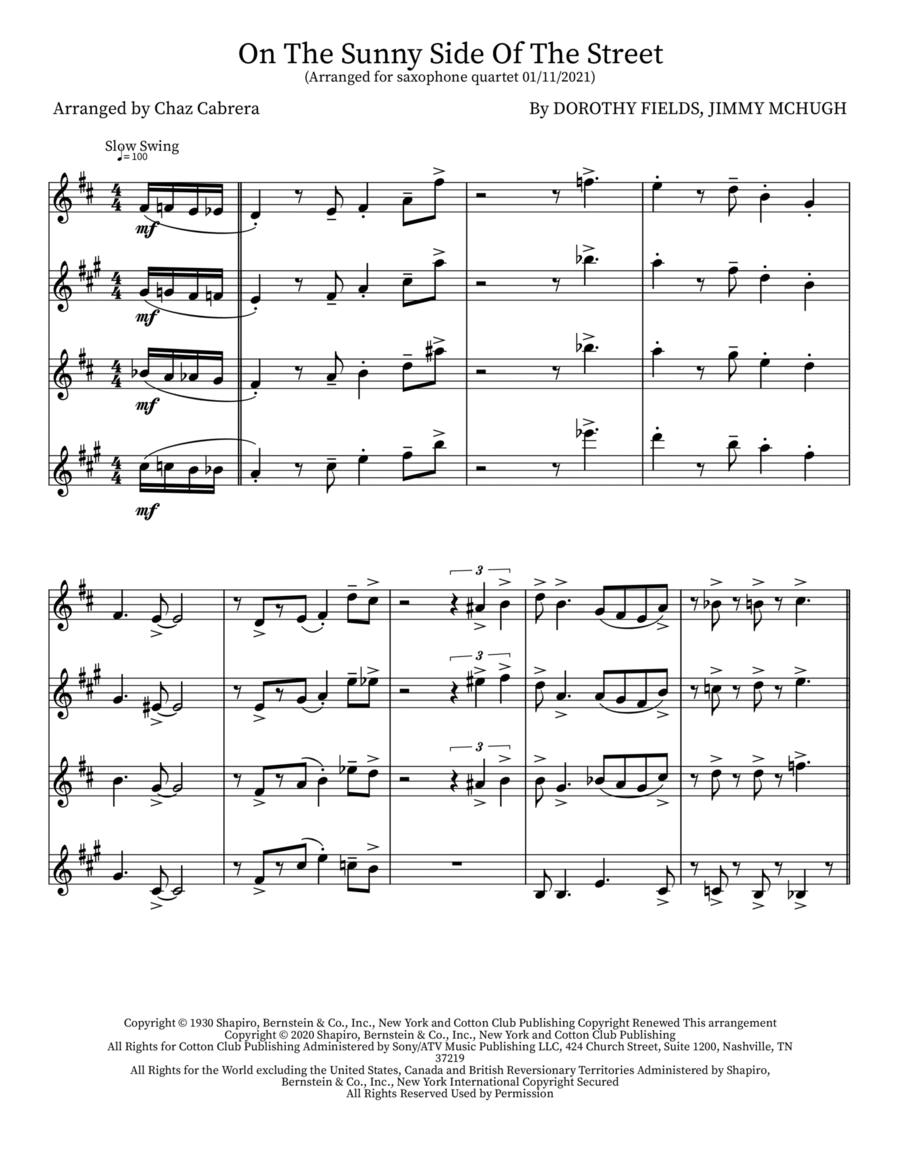 On The Sunny Side Of The Street Tenor Saxophone scores gallery preview page 1