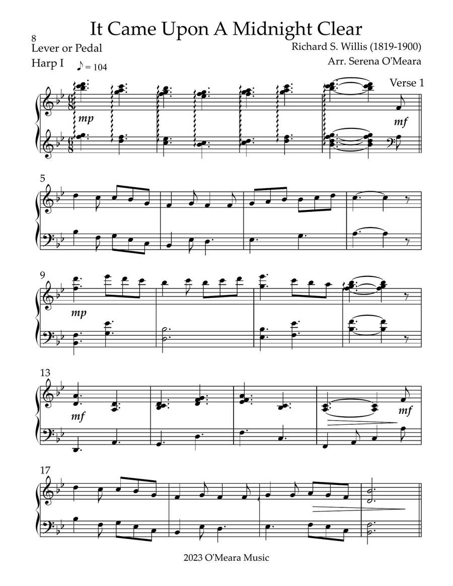 It Came Upon A Midnight Clear, Harp I - Key of Bb Pedal Harp scores gallery preview page 2