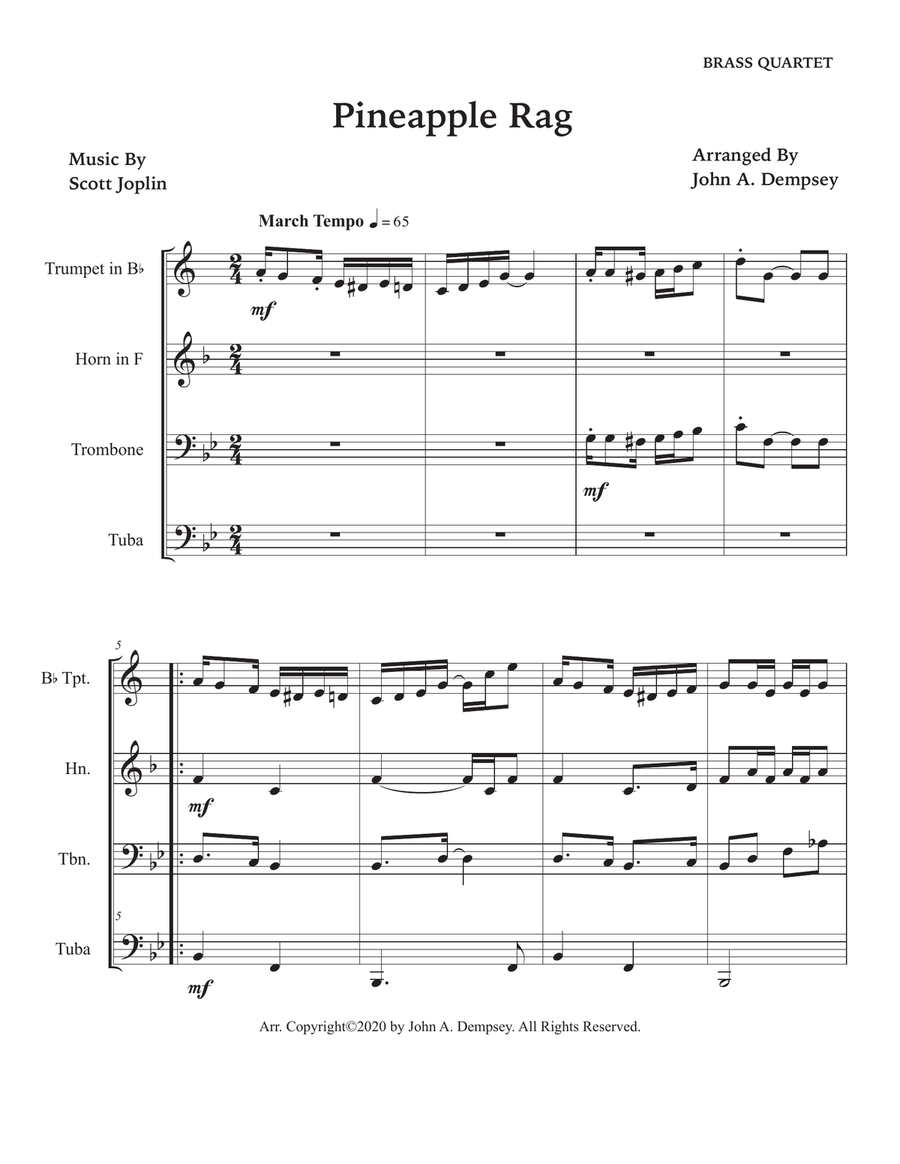 Pineapple Rag (Brass Quartet): Trumpet, Horn in F, Trombone and Tuba Brass Quartet scores gallery preview page 5