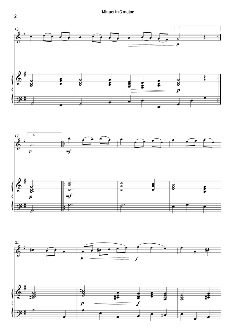 Minuet in G major (flute and piano – clean sheet music) Flute Solo scores gallery preview page 2
