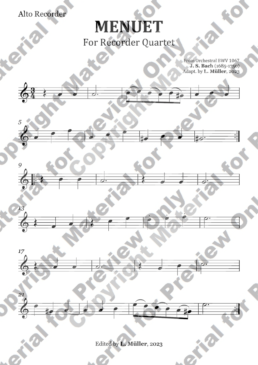 Menuet BWV 1067 - For Recorder Quartet Chamber Music scores gallery preview page 2