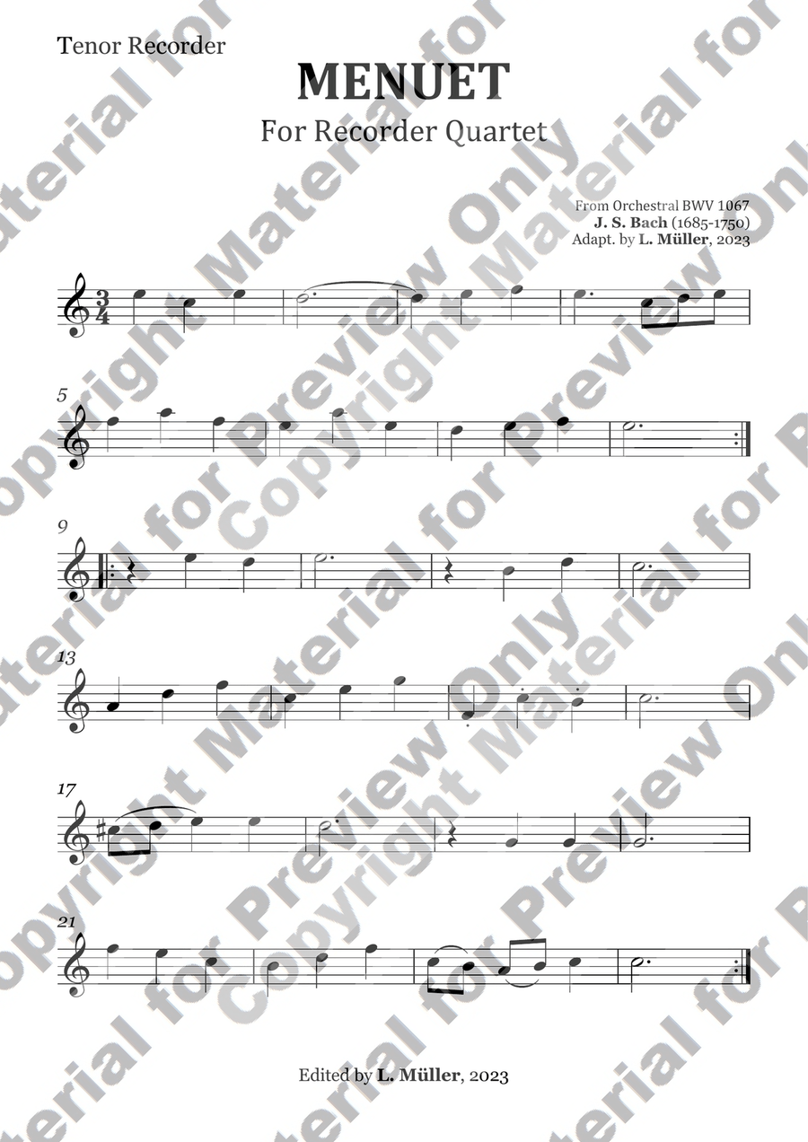 Menuet BWV 1067 - For Recorder Quartet Chamber Music scores gallery preview page 3