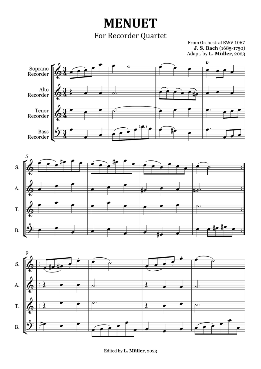 Menuet BWV 1067 - For Recorder Quartet Chamber Music scores gallery preview page 6
