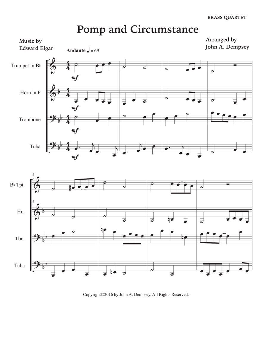 Pomp and Circumstance (Brass Quartet): Trumpet, Horn in F, Trombone and Tuba Brass Quartet scores gallery preview page 5