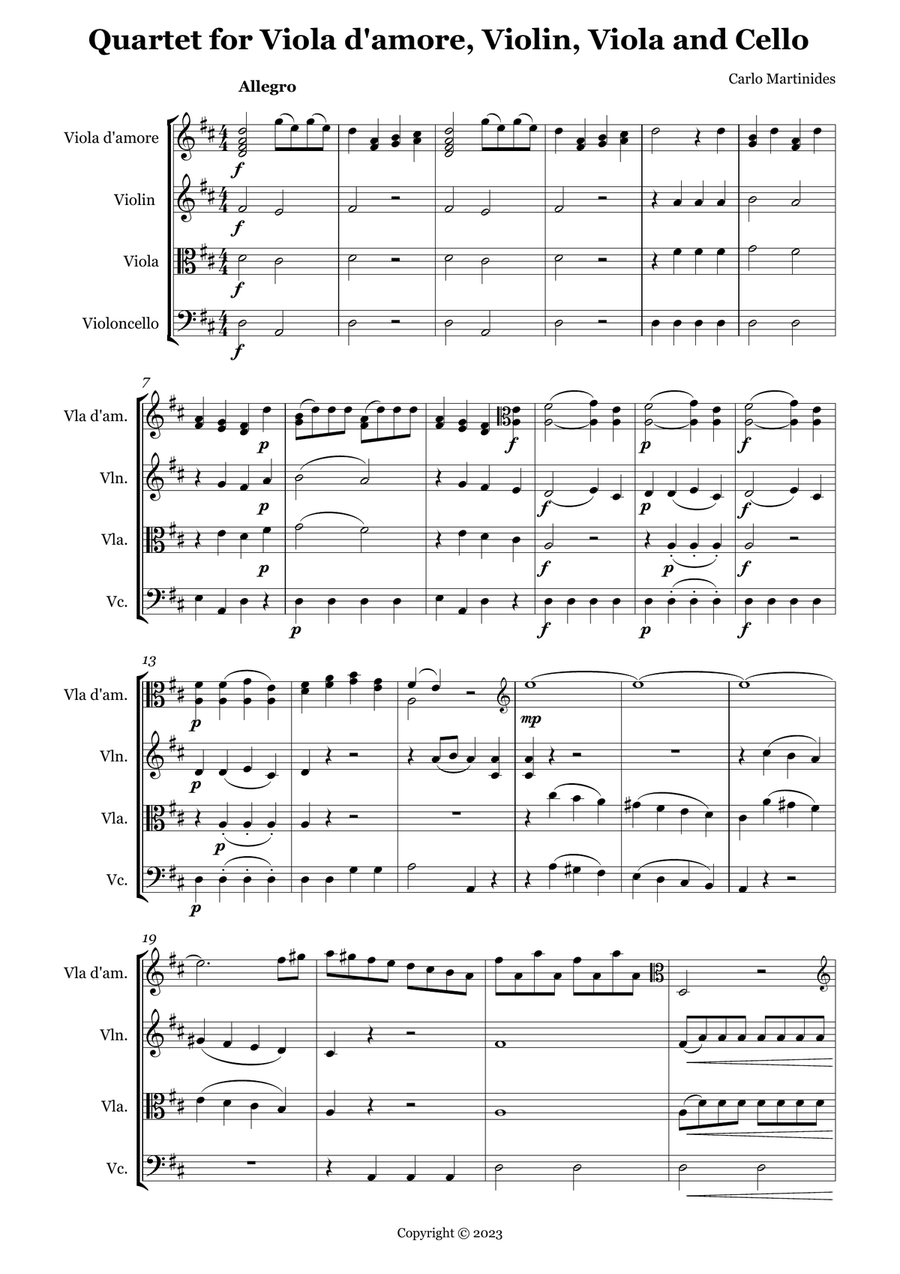 Quartet for Viola d'amore, Violin, Viola and Cello String Quartet scores gallery preview page 2