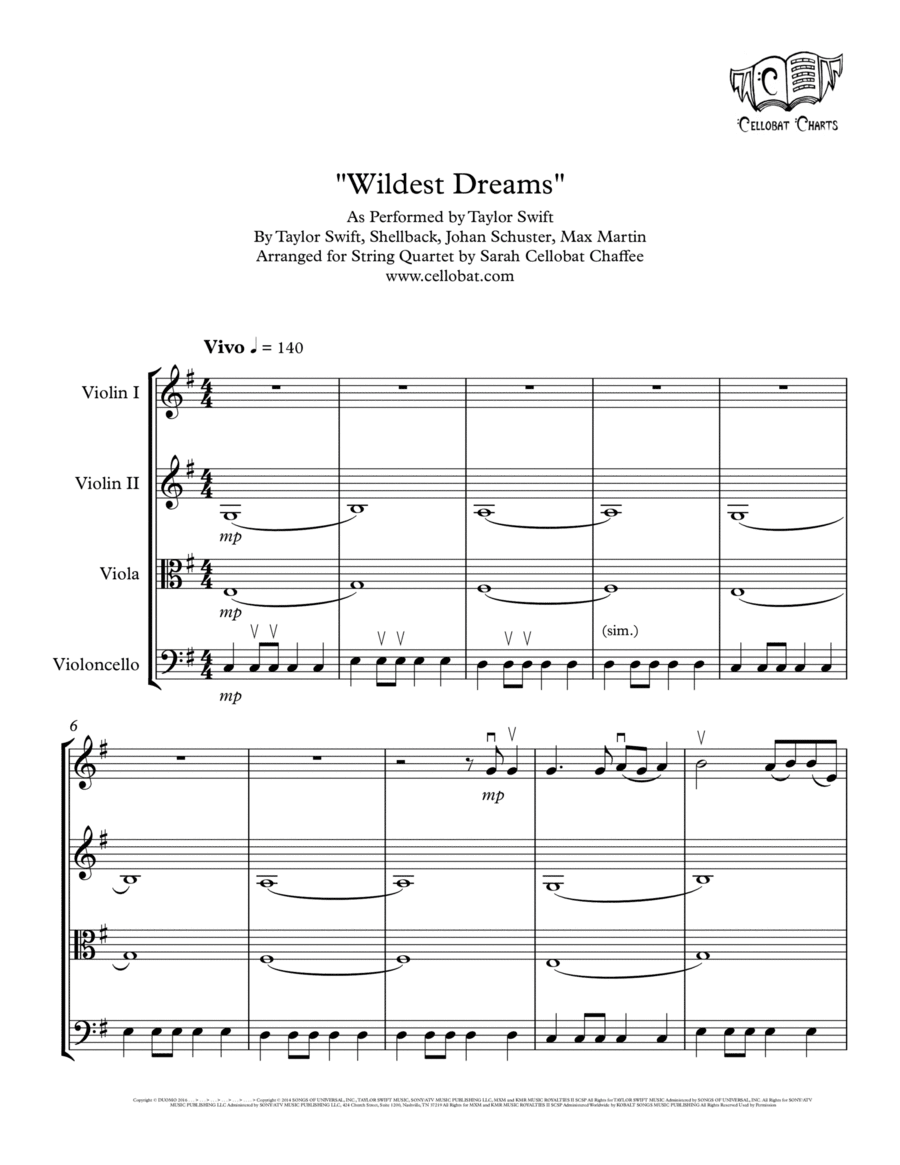 Wildest Dreams String Quartet scores gallery preview page 1