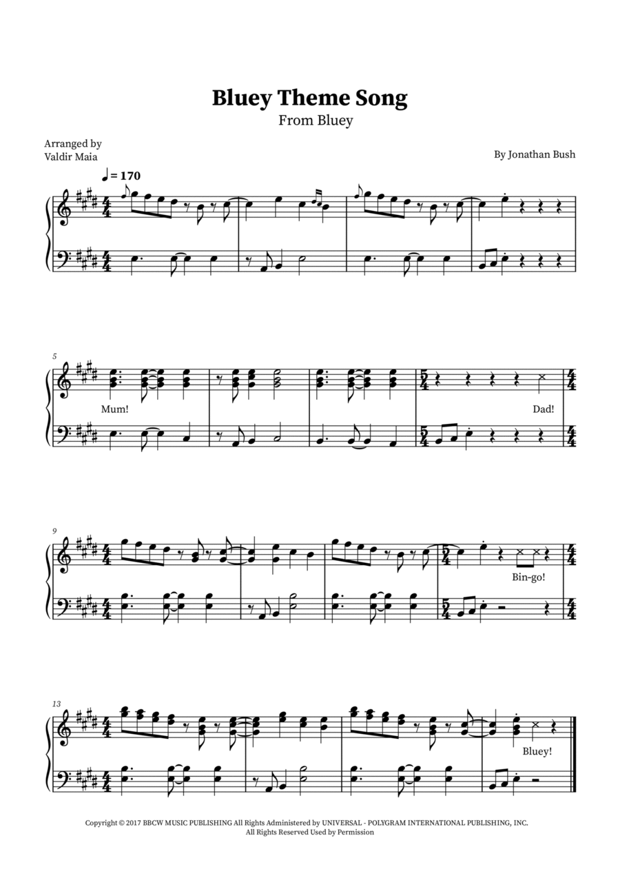 Bluey Theme Song Easy Piano scores gallery preview page 1